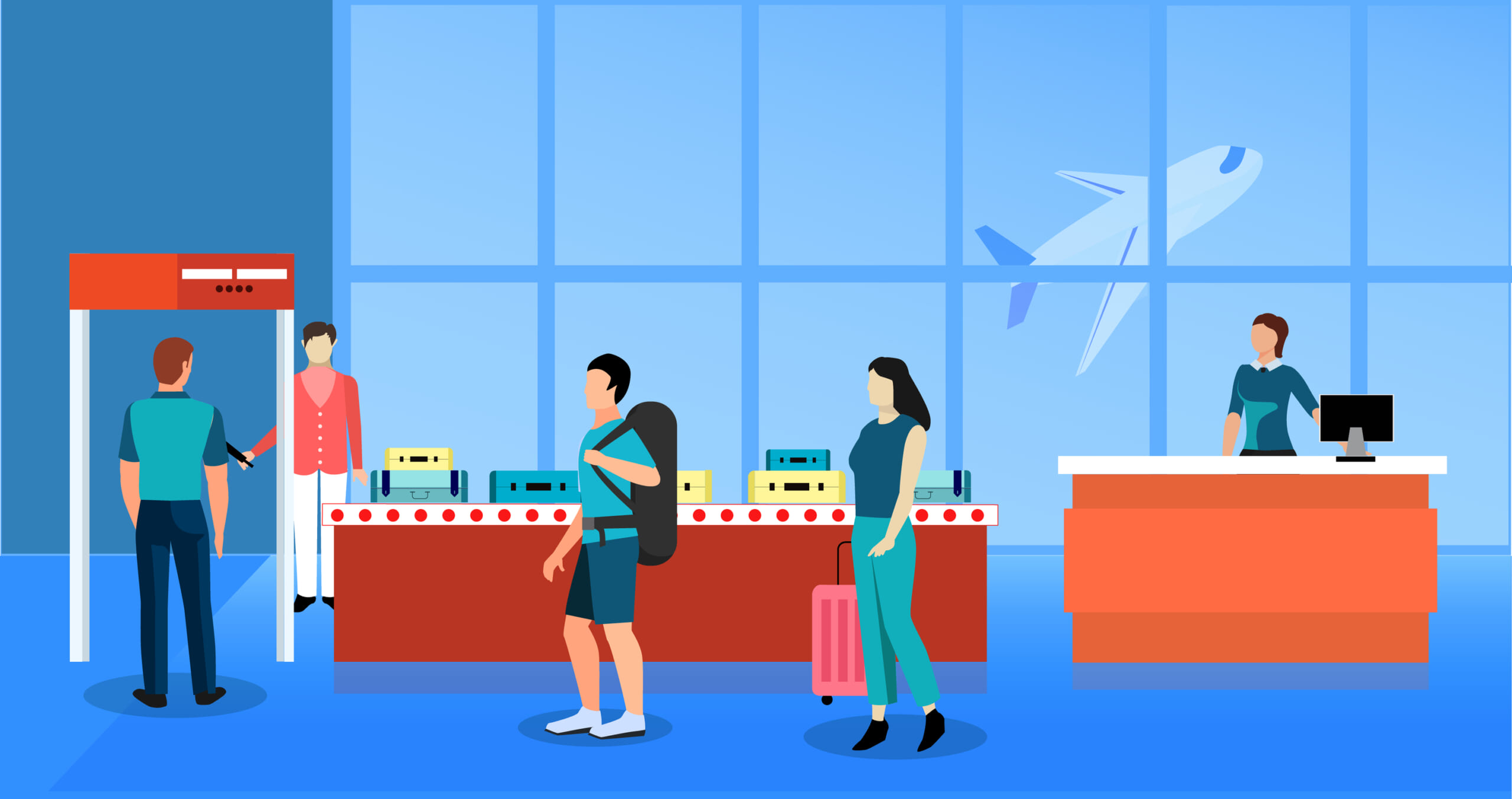 Travelers board airplane at airport gate.